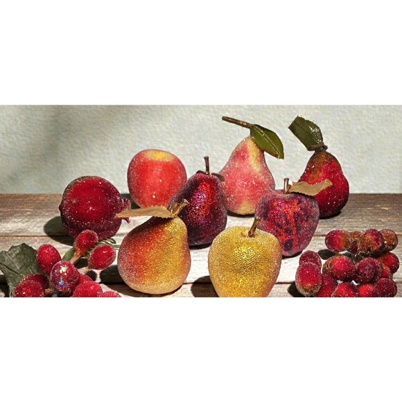 Vtg Sugar Beaded Decorative Fruit Lot Jeweled Frosted Dew Drop Pear Apple Grapes - Picture 2 of 5